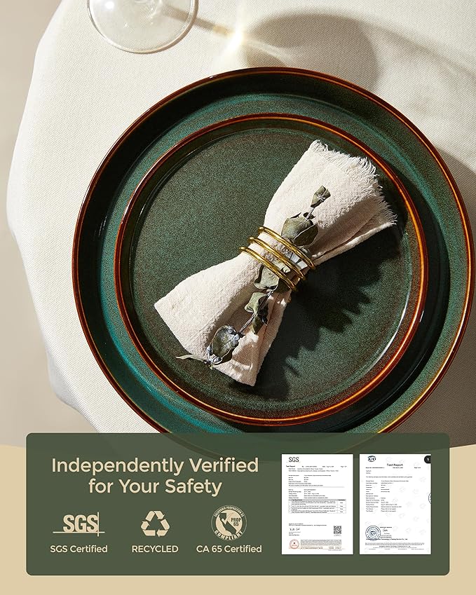 Plates and Bowls Sets for 8, Ceramic Dinnerware Sets, Kitchen Dish Set, Microwave & Dishwasher Safe Dishware, Highly Durable Handcrafted Dinner Set, Brown Green