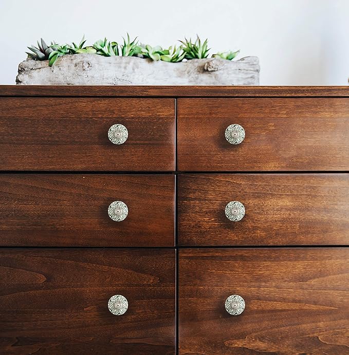 Ceramic Knobs Set of 12 - “Chambal Gardens” Furniture Knobs w/ Reversible Metal Knob Backplate - Handmade Cabinet Handles for Kitchen or Wardrobe - Decorative Knob for Cabinets and Drawers