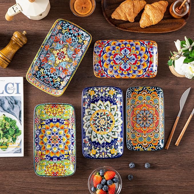 vancasso Simi 6-Piece Ceramic Salad Plates Set - 8.5 Inch, Rectangular Dessert Plates for Sushi, Appetizer, Cake - Microwave & Oven Safe, Porcelain Plates for Kitchen Decor
