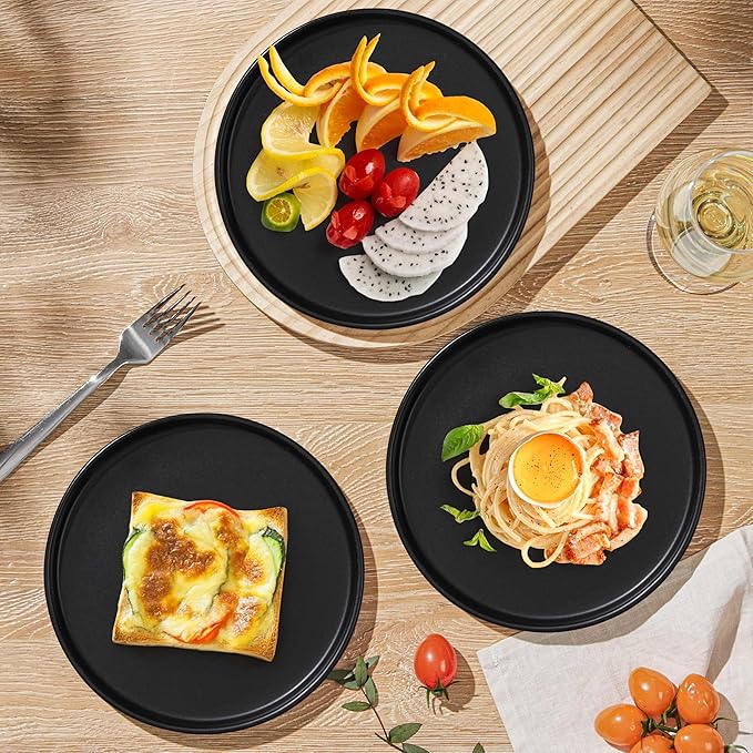 Herogo 7.9 Inch Dinner Plates Set of 6, Small Stoneware Dessert Plate Set, Microwave Safe Ceramic Dinnerware for Home Serving, Oven & Dishwasher Safe, Matte Black