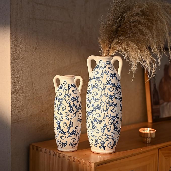 VICTOR & TERESA Blue and White Floor Vase for Pampas Grass, 11'' Tall Vase for Home Decor, Ceramic Farmhouse Decorative Large Vases for Flower, Mantel, Living Room, Shelf, Centerpieces, Gift for Mom