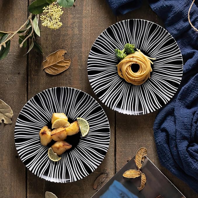Ceramic Dinner Plates Set of 6-8 Inch Dessert Plates, Black and White Porcelain Dinner Plates Microwave, Oven & Dishwasher Safe, Minimalist Porcelain Dish Set