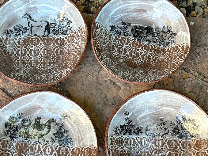 Ceramic White Brown Animal Pasta or Salad Plate Set of 4, Unique Handmade Pottery Tableware, Housewarming Gift for Women, Men, Couples
