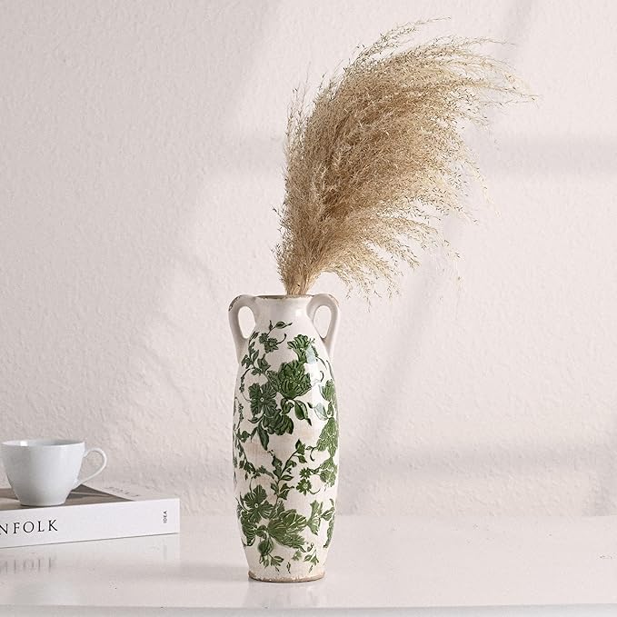 VICTOR & TERESA Green White Floor Vase for Pampas Grass, 11'' Tall Vase for Home Decor, Ceramic Farmhouse Decorative Large Vases for Flower, Mantel, Living Room, Shelf, Centerpieces, Gift for Mom