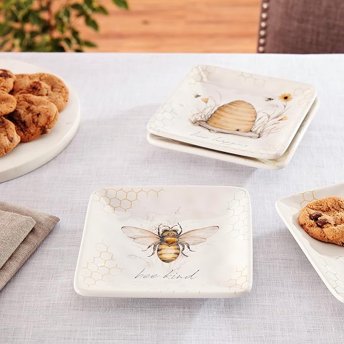 Bee Sweet 6" Canapé & Luncheon Plates, Set of 4 – Assorted Bee & Floral Designs with Uplifting Sayings, Durable Ceramic Appetizer Plates for Spring Entertaining & Cottagecore Décor |(Pack of 3)