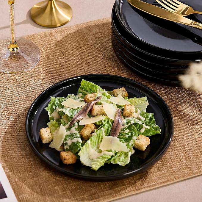 Ceramic Appetizer Plates Set of 6,Black Dessert Plates 8 Inch,Small Dinner Plates,Modern Round Salad Plates,Porcelain Serving Dishes for Pasta,Snack,Bread,Dessert,Sushi Microwave & Dishwasher Safe