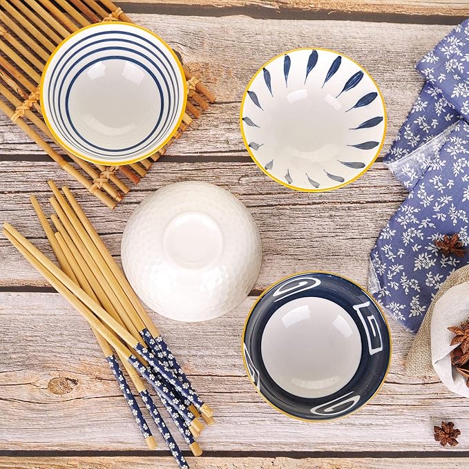 VanEnjoy Set of 4 Japanese Style Ceramic Rice Bowl with Chopsticks in Gift Box,Vintage Blue Hand Painted Pattern Bowls Set,Underglazed Dinnerware,For Dessert Snack Cereal Soup