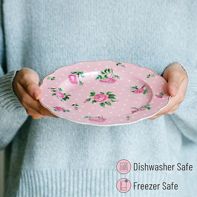 BTaT- Porcelain Floral Plates Set of 8, 8 Inch, Assorted Pastel Colors with Golden Rim, Floral Dessert Plates, Spring Dinnerware, Dishwasher & Freezer Safe