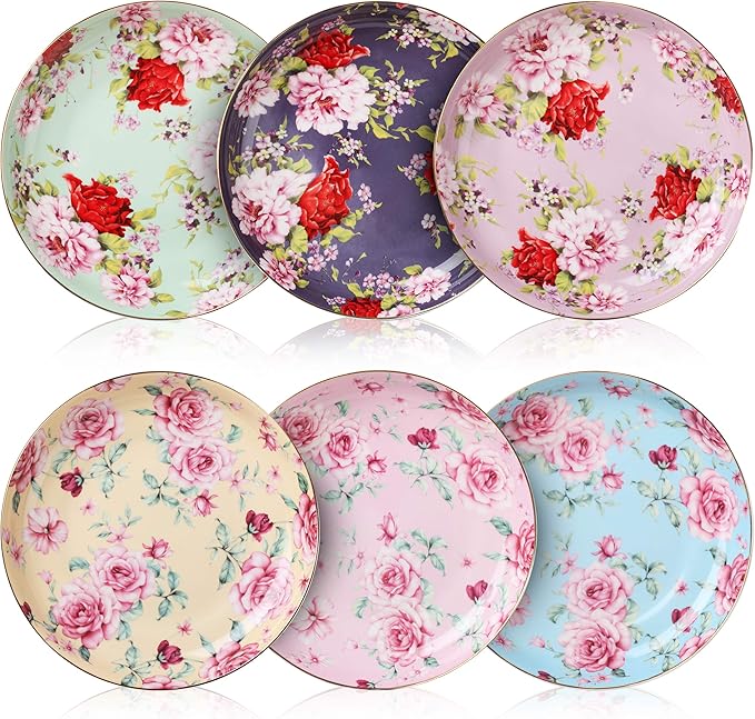 BTaT- Porcelain Floral Dessert Plates, 8 inch, Set of 6, Deep Plates, Porcelain Bone China, Appetizer Plates, Small Dishes