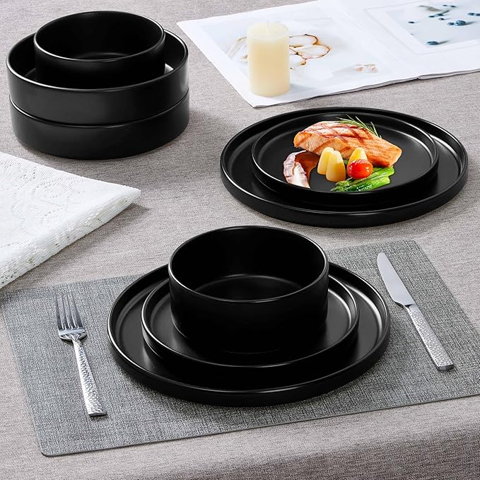 Herogo 7.9 Inch Dinner Plates Set of 6, Small Stoneware Dessert Plate Set, Microwave Safe Ceramic Dinnerware for Home Serving, Oven & Dishwasher Safe, Matte Black