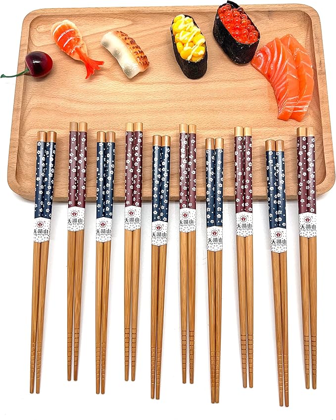 10 Pairs Reusable Bamboo Chopsticks, Falling Sakura Pattern Natural Bamboo Wood Chopsticks, 8.8Inch/22.5cm Polybag packing by LANHUTHS