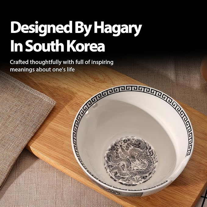 Hagary Dragon Ramen Bowl with Chopsticks Ceramic Bowl Stainless Steel Chopsticks Japanese Style Soup Bowls Housewarming Wedding Gifts Designed in Korea (With Chopsticks) (Black, 30 oz - 1pc)