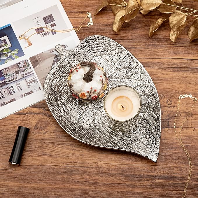 Oversized Leaf-Shaped Ceramic Jewelry Tray, 12.6" Large Decorative Tray Silver Vanity Trays for Rings, Necklaces, Keys, Gifts for Mom, Coffee Table Decor, Entryway Table Trays, 1 Pack