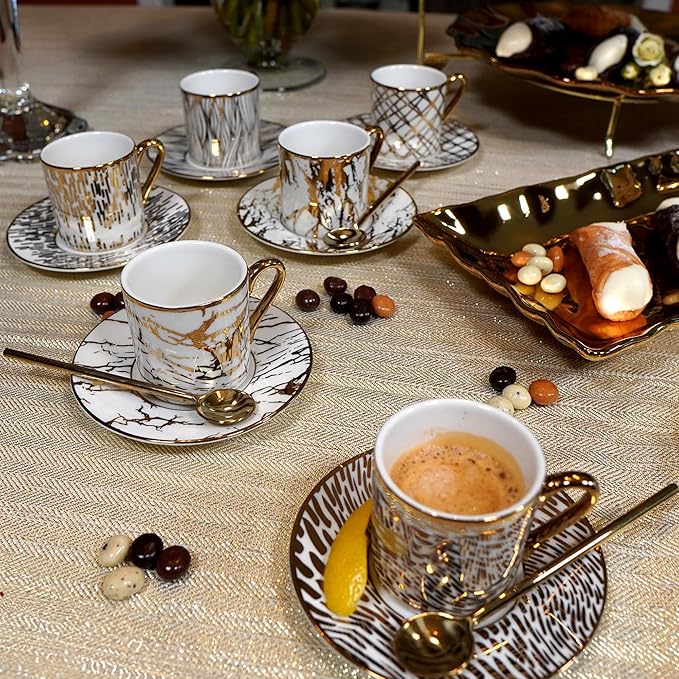 Matrix Gold Porcelain Espresso Cup & Saucer Set – 6 Assorted Modern Designs with Gold Plated Accents – Elegant Espresso Cups for Entertaining, Gift-Giving & Home Décor