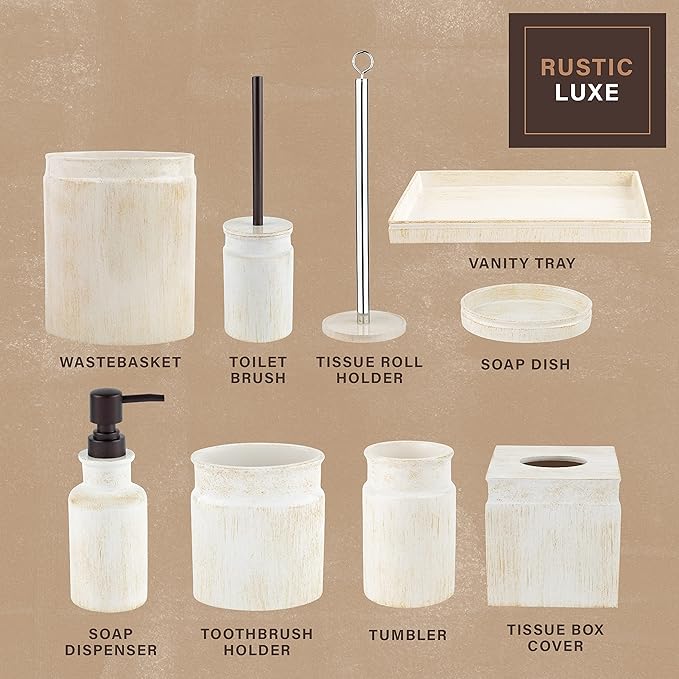 Creative Scents Rustic Luxe Bathroom Accessory Set Complete - 4 Piece Beige Bathroom Soap Dispenser Set has: Lotion Dispenser, Toothbrush Holder, Tumbler & Soap Dish; Modern Farmhouse Bathroom Decor