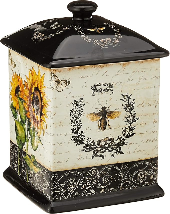 Certified International French Sunflowers Canister Set, Set of 3 Ceramic Kitchen Storage Jars with Lids, Vintage Sunflower Decor, Floral Bee Butterfly Design, 56/60/96 oz