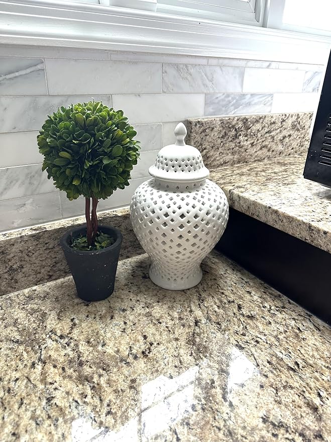 Noori Home - 100% Modern Glam Artisan Ceramic ELLA Small White Ginger Jar Urns with Lid 6.5x6.5x11