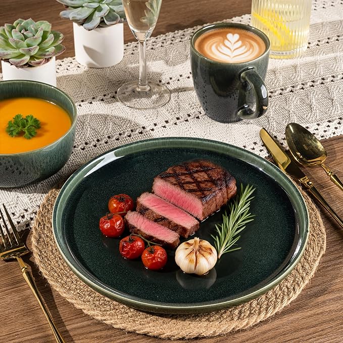 GBHOME Ceramic Dinnerware Sets for 8, 24 Pieces Stoneware Plates and Bowls Sets, Reactive Glaze Dishes -Scratch Resistant, Dishwasher&Microwave Safe, Earth Green