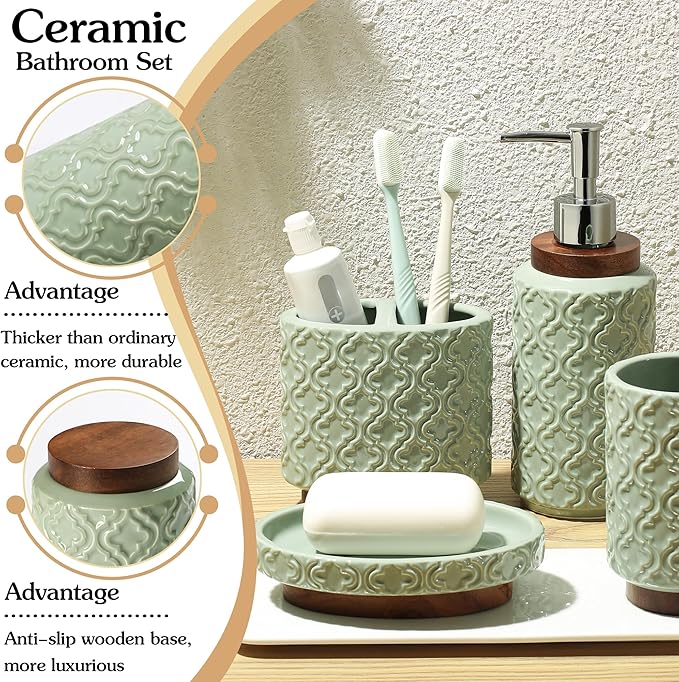 Elegant 4 PCS Ceramic&Wood Bathroom Accessories Set:Soap Dispenser,Toothbrush Holder,Tumbler,Soap Dish,Easy to Clean,Quatrefoil Pattern,Green-Affordable Luxury for Home Decor Enthusiasts