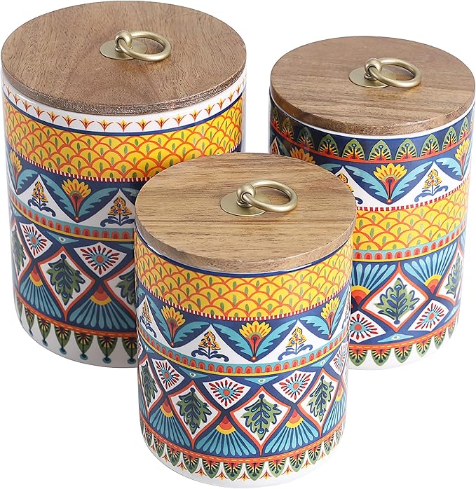Bico Havana Ceramic Canister Set of 3 for Kitchen Counter, 62oz, 40oz, 32oz each, with Wooden Air Tight Lid, Food Storage Jar for storing Coffee, Tea, Spice, Dishwasher Safe