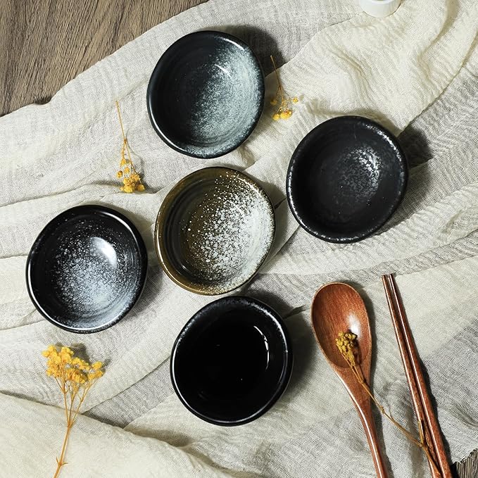Colias Wing 3.5 Inch Retro Style Black Stylish Design Multipurpose Porcelain Side Dishes Bowls Seasoning Dishes Soy Dipping Sauce Dishes-Set of 5