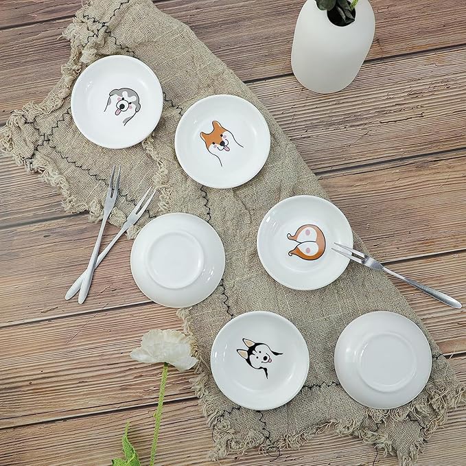 SOCOSY Super Cute Cartoon Animal Pattern Ceramic Sauce Dish/Seasoning Dish/Sushi Soy Dipping Bowl/Appetizer Plates/Serving Dish for Kitchen Home(Set of 6)-Dog Heads
