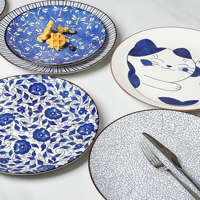 Selamica 8 Inch Ceramic Dessert Plates, Appetizer Plates for Serving Snacks Pasta, Microwave Dishwasher Safe, Set of 6, Blue