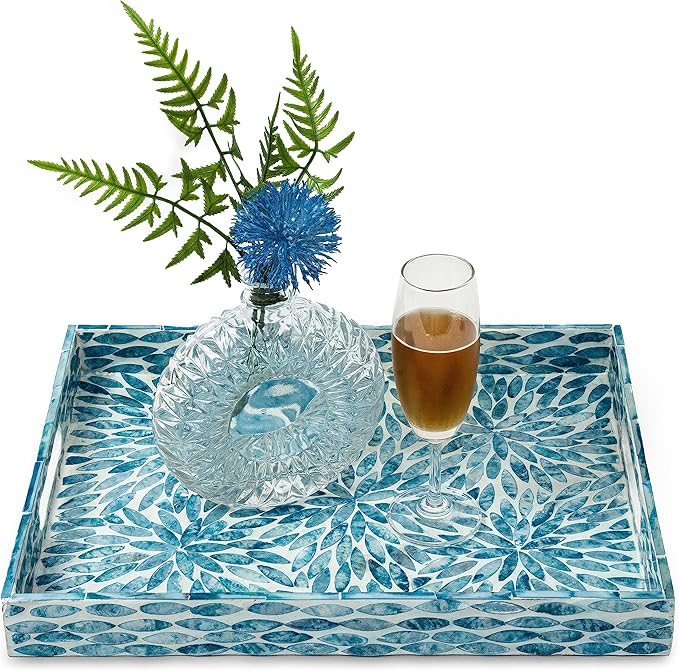 CLAYNIX Serving Tray 15.7" X11.8", Lacquer Mother of Pearl Inlay Mosaic Tray, Rectangle Wooden Marble Tray with Handles Trays for Tea, Breakfast in Bed, Table (Flower Style)