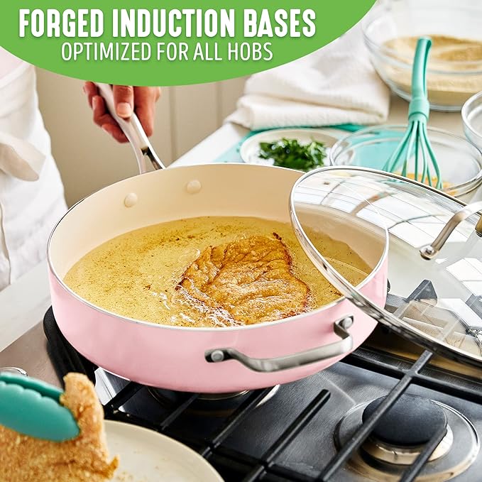 GreenLife Artisan Healthy Ceramic Nonstick, 5QT Saute Pan Jumbo Cooker with Helper Handle and Lid, Stainless Steel Handle, Induction, PFAS-Free, Dishwasher Safe, Oven Safe, Pink