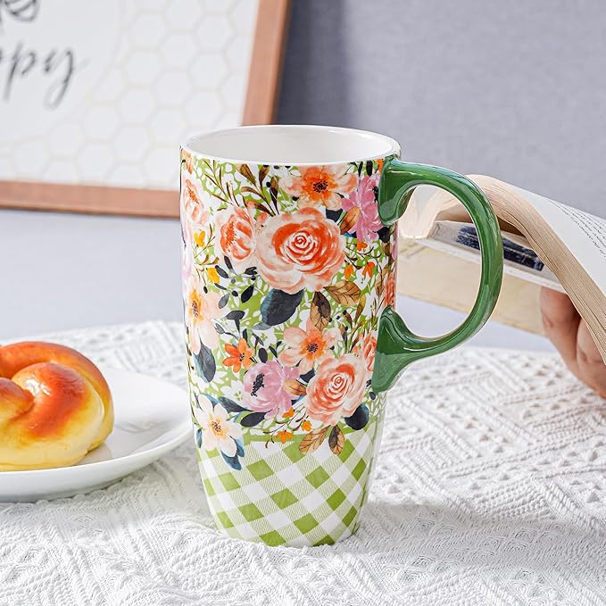 DUSVALLY Ceramic Tall Coffee Mug, Friends Coffee Cup Gift Set, Travel Mug with Lid for Office and Home, Unique Gifts for Women and Man, Flower Mug, Color Box, 17oz Large Cup, Green
