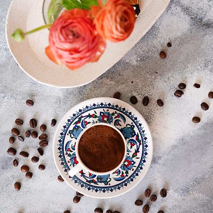 Turkish Coffee Cups Set of 2 with Saucers and Cup Holder, Ceramic Espresso Cups, Perfect for Serving Arabic Coffee – White & Blue Pattern