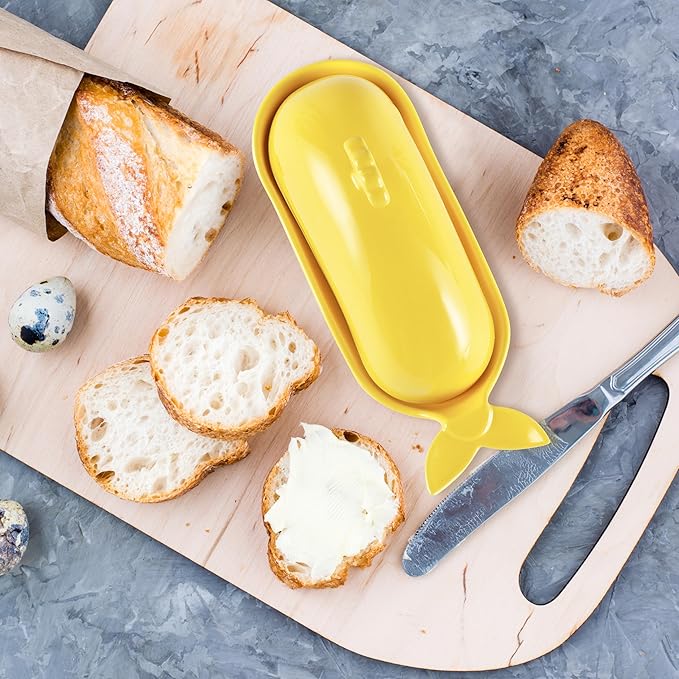 Whale Butter Dish with Lid, Cute Ceramic Butter Dish with Handle for Countertop, Funny Butter Holder Butter Keeper for Kitchen Decor, Ideal Gifts for Housewarming,Wedding, Yellow