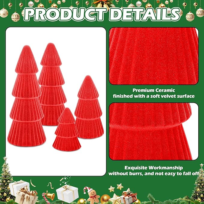 Aneco 4 Pack Velvet Ceramic Christmas Tree Christmas Indoor Decorations Modern Cone Xmas Tabletop Decor for Home Entryway Table Mantel Centerpiece Winter Holiday Party Supplies, Red