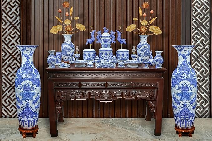 HERITAGE T&T Dragon Flower Ceramic Altar Vase Pair – Bat Trang Handmade Blue & White Vase Set – Buddhist Temple Flower Vase – Asian Home Decor – 1 Pair (2 Vases) -Blue & White Glaze, 30cm (11.8 in)
