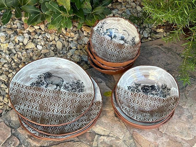 Ceramic White Brown Animal Pasta or Salad Plate Set of 4, Unique Handmade Pottery Tableware, Housewarming Gift for Women, Men, Couples