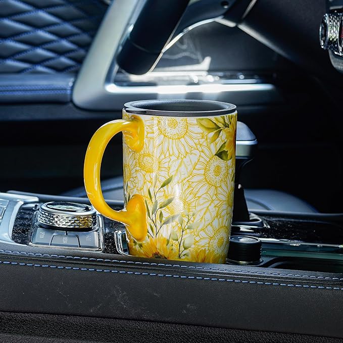 DUSVALLY Ceramic Tall Coffee Mug, Friends Coffee Cup Gift Set, Travel Mug with Lid for Office and Home, Porcelain Mug Unique Gifts for Women and Man, Color Box, 17 oz, Yellow Sunflower