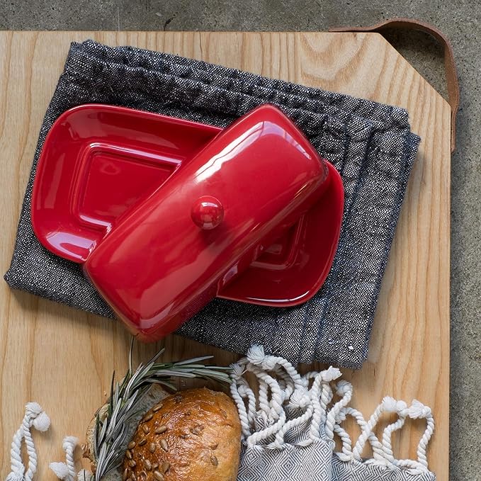 Now Designs Stoneware Rectangle Butter Dish with Lid, Red 4.5 x 8 in