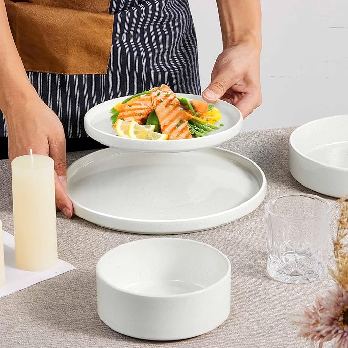 Herogo 7.9 Inch Dinner Plates Set of 6, Small Stoneware Dessert Plate Set, Microwave Safe Ceramic Dinnerware for Serving, Oven & Dishwasher Safe, Speckled White