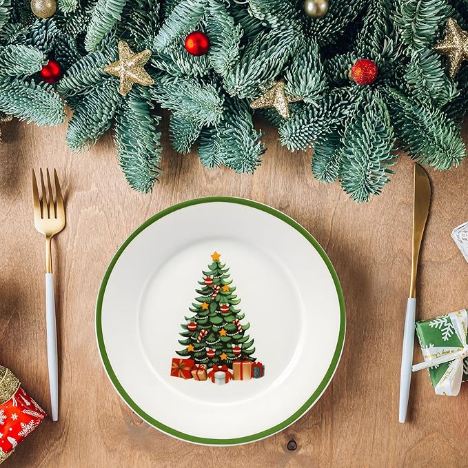Honeydak 6 Pcs 6 Inch Christmas Plates Ceramic Xmas Tree Decorations Porcelain Plate Green Appetizer Salad Dessert Dinner Dishes for Holiday Party Tableware Supplies Table Decoration