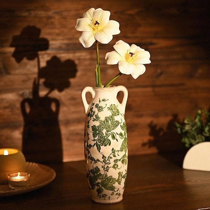 VICTOR & TERESA Green White Floor Vase for Pampas Grass, 11'' Tall Vase for Home Decor, Ceramic Farmhouse Decorative Large Vases for Flower, Mantel, Living Room, Shelf, Centerpieces, Gift for Mom