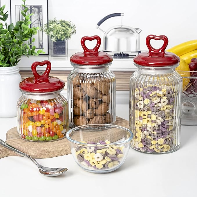 Hyperspace Set of 3 Decorative Glass Kitchen Canister Set, Cookie Jar, Food Storage Containers, Bathroom Jars, with Airtight Ceramic Lid for Kitchen and Bathroom, Red Heart Handle