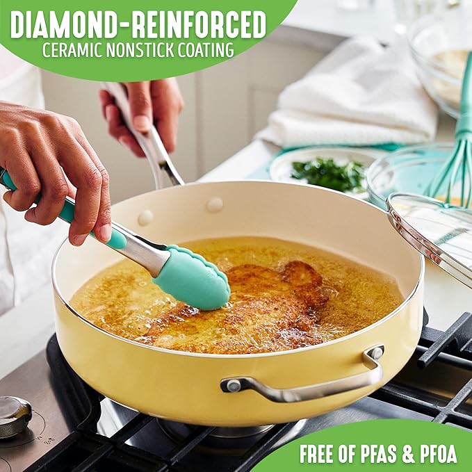 GreenLife Artisan Healthy Ceramic Nonstick, 5QT Saute Pan Jumbo Cooker with Helper Handle and Lid, Stainless Steel Handle, Induction, PFAS-Free, Dishwasher Safe, Oven Safe, Yellow