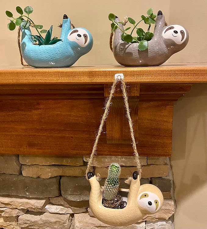 Hanging Sloth Plant Holder - Succulent Pots - Ceramic Sloth Planter - Funny Planters for Indoor Plants - Animal Air Planter - Sloth Plant Pot - Beige