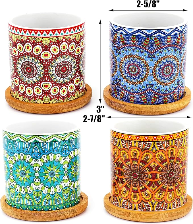 Yesland 4 Pack Succulent Plant Pots with Bamboo Tray, 3 Inch Ceramic Mandalas Pattern Cylinder Planter & Flower Pots with Drainage Hole, for Flowers, Cactus, Home, Garden, Office Decoration
