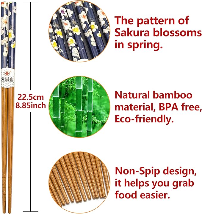 10 Pairs Reusable Bamboo Chopsticks, Spring Blooming Sakura Pattern Natural Bamboo Wood Chopsticks, 8.8Inch/22.5cm Polybag packing by LANHUTHS