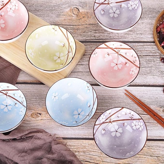 VanEnjoy Set of 4 Japanese Style Ceramic Rice Bowl with Gift Box,Assorted Phum Colors Flowers Pattern Bowls Set,Underglazed Dinnerware,For Dessert Snack Cereal Soup