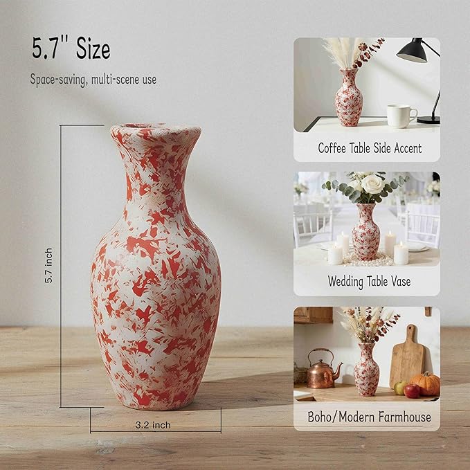 Small Terracotta Bud Vase (5.7"), Hand-Painted Red Ceramic Splatter Flower Vase for Single Stems, Rustic Clay Desk & Shelf Decor, Boho Vintage Accent Piece