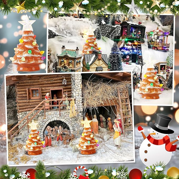 Leinuosen 6 Set Mini 4 Inch Ceramic Christmas Tree with Multicolored Lights Xmas Tree Hanging Light up Ornaments Pre Lit Hand Painted for Tabletop Home Office Table Holiday Decorations(Khaki,Star)