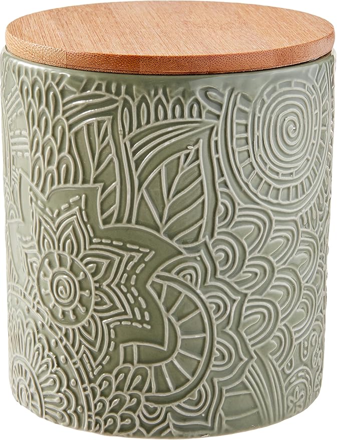 American Atelier Embossed Canister Set 4-Piece Ceramic Set Jar Container with Wooden Lids for Cookies, Candy, Coffee, Flour, Sugar, Rice, Pasta, Cereal & More Sage