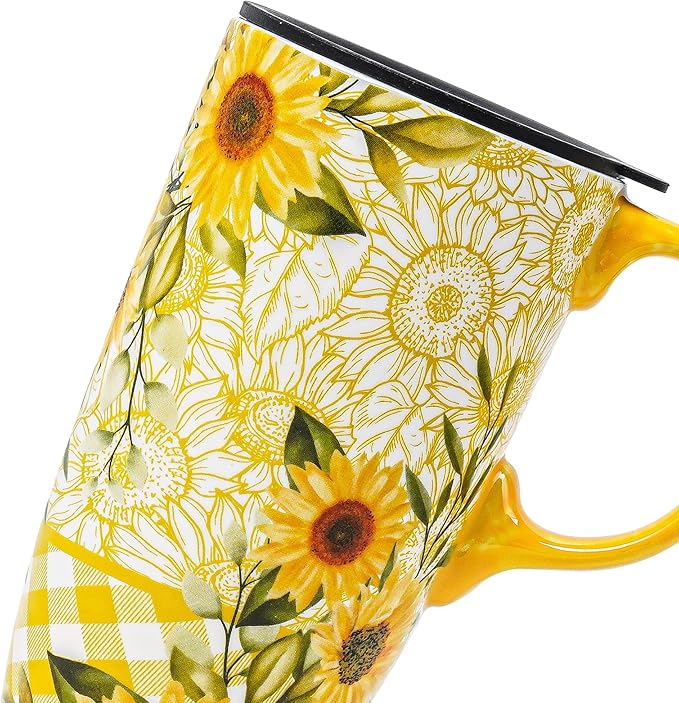 DUSVALLY Ceramic Tall Coffee Mug, Friends Coffee Cup Gift Set, Travel Mug with Lid for Office and Home, Porcelain Mug Unique Gifts for Women and Man, Color Box, 17 oz, Yellow Sunflower